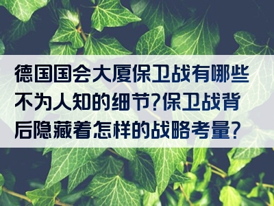 德国国会大厦保卫战有哪些不为人知的细节？保卫战背后隐藏着怎样的战略考量？