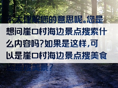 不太理解您的意思呢。您是想问崖口村海边景点搜索什么内容吗？如果是这样，可以是崖口村海边景点搜美食还是搜美景？